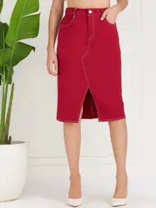 Athena Women Maroon Denim Front Slit Knee-Length A-line Skirt