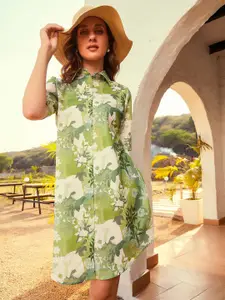 Athena Green Floral Printed Cotton Linen Shirt Dress