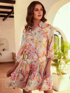 Athena Off White & Pink Floral Printed Shirt Collar Drop-Waist Dress
