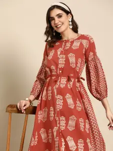 Sangria Pure Cotton Ethnic Print Puff Sleeves A-Line Dress