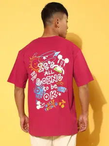 VEIRDO Magenta Mickey Mouse Printed Cotton Oversized T-shirt