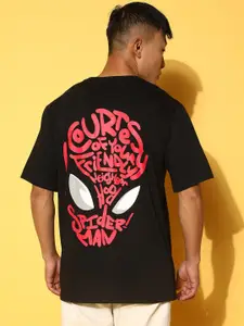 VEIRDO Black Spiderman Typography Printed Cotton Oversized T-shirt
