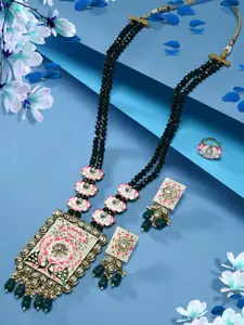 Zaveri Pearls Gold-Plated Peacock Lotus Meenakari Necklace & Earring With Ring Set