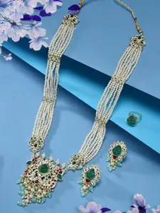 Zaveri Pearls Gold-Plated Kundan-Studded & Beaded Necklace & Earrings With Finger Ring