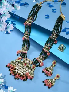 Zaveri Pearls Gold-Plated Green Pink Peacock Meenakari Necklace & Earring With Ring Set