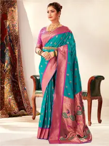 Satrani Turquoise Blue & Pink Ethnic Woven Design Zari Paithani Saree