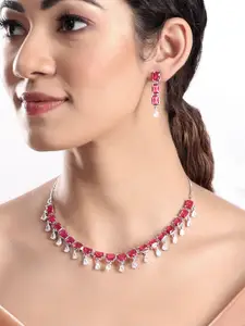 Rubans Rhodium-Plated CZ-Studded & Beaded Necklace & Earrings