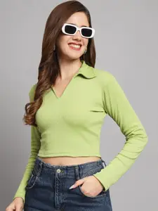 Funday Fashion Shirt Collar Long Sleeves Shirt Style Crop Fitted Top