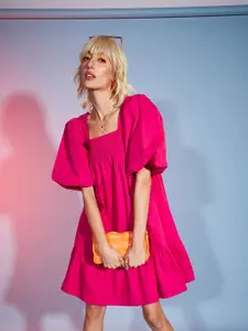 SASSAFRAS Pink Puff Sleeve Smocked Pure Cotton Fit & Flare Dress