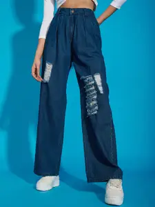SASSAFRAS Women Navy Blue Mildly Distressed Straight Fit High-Rise Cotton Jeans