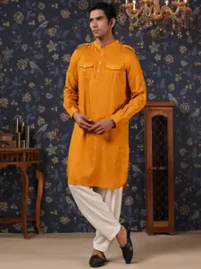 House of Pataudi Mandarin Collar Striped Pathani Kurta With Pyjama