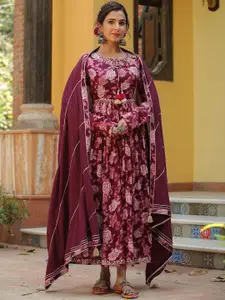 SCAKHI Floral Printed Gotta Patti Gathered Fit & Flare Cotton Ethnic Dress With Dupatta