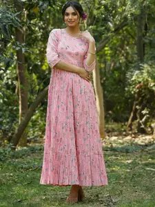 SCAKHI Floral Printed Crushed Tiered Cotton A-Line Ethnic Dress