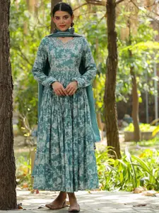 SCAKHI Floral Printed Fit & Flare Cotton Dress With Dupatta