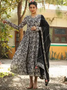 SCAKHI Floral Printed Mirror Work Embroidered Ethnic Dress With Gota Work Dupatta And Belt