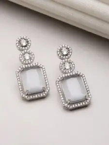 Kennice Rhodium-Plated Geometric American Diamond Drop Earrings