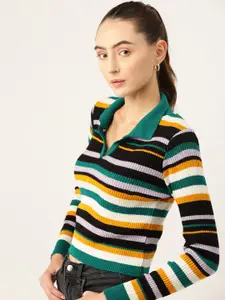 DressBerry Shirt Collar Acrylic Striped Pullover