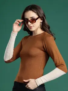 DressBerry Fine Knit Contrast Sleeves Acrylic Pullover
