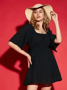 SASSAFRAS Black Flared Sleeve Schiffli Cotton A-Line Dress