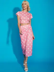 SASSAFRAS Pink Polka Dots Printed Crop Top With Straight Midi Skirt Co-Ords