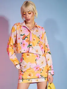 SASSAFRAS Yellow Floral Printed Crop Shirt With Mini Skirt Co-Ords