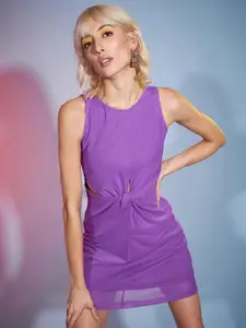 SASSAFRAS Purple Front Twisted Cut Out Net Mini Sheath Dress