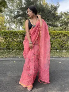 Atulyam Tex World Floral Embroidered Embellished Organza Saree