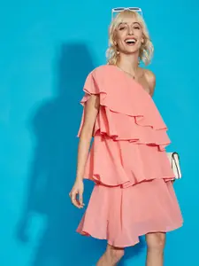 SASSAFRAS Pink One Shoulder Layered Georgette A-Line Dress
