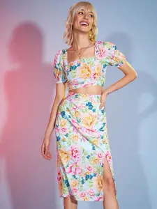SASSAFRAS Floral Printed Crop Top With Skirt Co-Ords