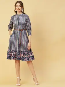 FASHOR Ethnic Motifs Printed Band Collar Cotton A-Line Dress With Belt