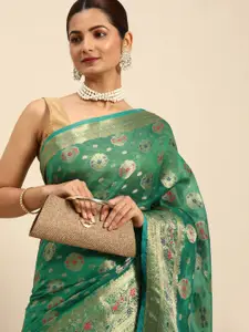 Indian Women Woven Design Zari Organza Fusion Banarasi Saree