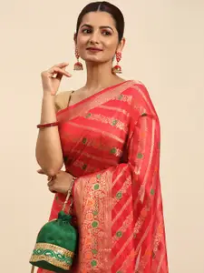 Indian Women Fuchsia & Gold-Toned Woven Design Zari Organza Banarasi Saree