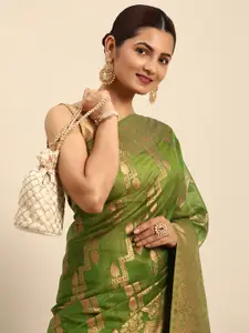 Indian Women Green & Gold-Toned Woven Design Zari Organza Banarasi Saree
