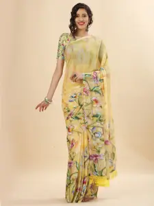 Mitera Yellow & Green Floral Sequinned Pure Georgette Saree
