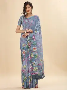 Mitera Blue & Green Floral Sequinned Pure Georgette Saree