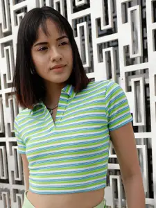 STREET 9 Green & White Striped Polo Collar Crop Pure Cotton T-shirt