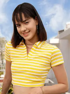 STREET 9 Yellow & White Striped Polo Collar Crop Pure Cotton T-shirt