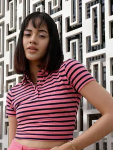 STREET 9 Pink & Black Striped Polo Collar Crop Pure Cotton T-shirt