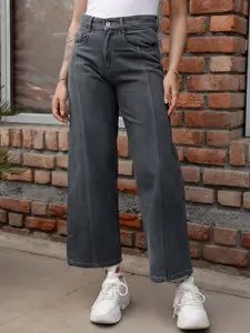 STREET 9 Women Grey Jean Wide Leg Fit High-Rise Clean Look Light Fade Jeans