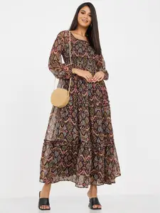 Styli Ethnic Motifs Printed Square Neck Tiered Smocked Puff Sleeves Maxi Dress