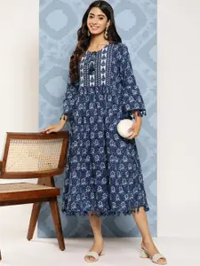Indo Era Ethnic Print Tie-Up Neck Bell Sleeves A-Line Midi Dress With Pom-Pom Detail