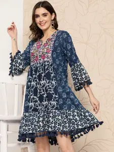Indo Era Floral Embroidered Bell Sleeves With Pom-Pom Detail A-Line Dress