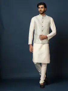 KISAH Mandarin Collar Kurta with Churidar & Woven Design Nehru Jacket