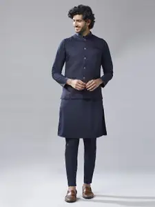 KISAH Mandarin Collar Regular Kurta with Trousers & Woven Design Nehru Jacket