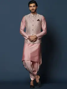 KISAH Mandarin Collar Regular Kurta with Dhoti Pants & Woven Design Nehru Jacket