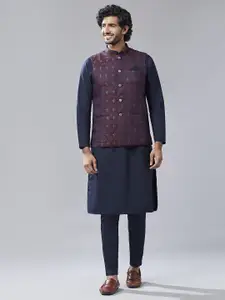 KISAH Mandarin Collar Regular Kurta with Trousers & Woven Design Nehru Jacket