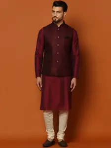 KISAH Mandarin Collar Regular Kurta with Churidar & Woven Design Nehru Jacket