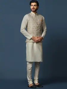 KISAH Mandarin Collar Regular Kurta with Churidar & Printed Nehru Jacket