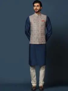 KISAH Mandarin Collar Regular Kurta with Churidar & Printed Nehru Jacket