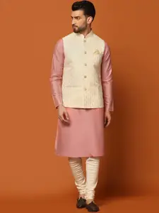 KISAH Mandarin Collar Regular Kurta with Churidar & Woven Design Nehru Jacket